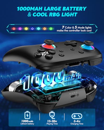 Switch Controller, Wireless Bluetooth Controller for Nintendo Switch 2/Switch/Lite/OLED, game controllers Compatible with iPhone/Mac/iPad/iOS/Android/Phone/PC/Steam and TV with Rotary Motors, RGB Hall Effect Joysticks/Macro Back Buttons/Turbo Modes/6-Axis