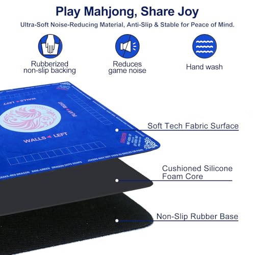 Mahjong Mat with Carrying Bag, Blue Mahjong Table Mat with Rules | Anti Slip & Noise Reduction, Easy to Carry, 31.5" x 31.5" Neoprene Mahjong Mats, Elegant Print & Soft Surface Gaming Mat - color: Blue
