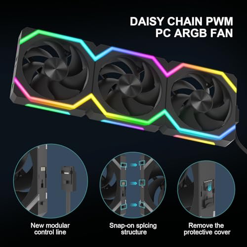 Iesooy ARGB Cooling Fan, 120mm RGB PC Case Fan, ARGB Async/Sync Mode, 1800RPM 5V 3-PIN Cable, Daisy Chain PWM RGB Fans, Modular Stackable Silent for CPU Liquid Coolers （Black, Forward, 3-Pack） - color: Black
