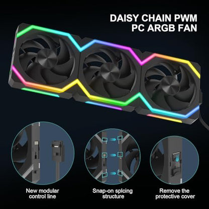 Iesooy ARGB Cooling Fan, 120mm RGB PC Case Fan, ARGB Async/Sync Mode, 1800RPM 5V 3-PIN Cable, Daisy Chain PWM RGB Fans, Modular Stackable Silent for CPU Liquid Coolers （Black, Forward, 3-Pack） - color: Black