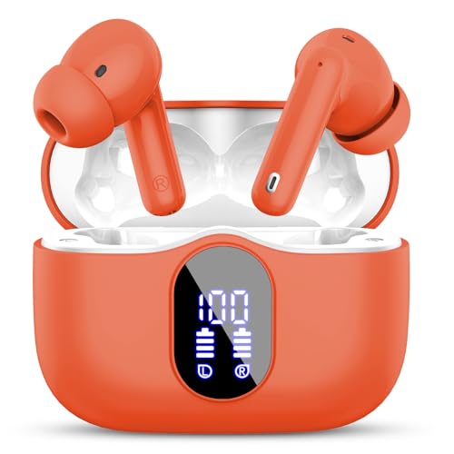 Wireless Earbuds, Bluetooth 5.4 Headphones Bass Stereo/Clear Calls, Orange | Ear Buds with Noise Cancelling Mic LED Display in Ear Earphones IP7 Waterproof 36H Bluetooth Earbuds for Phones/Sport/Laptop - color: Orange