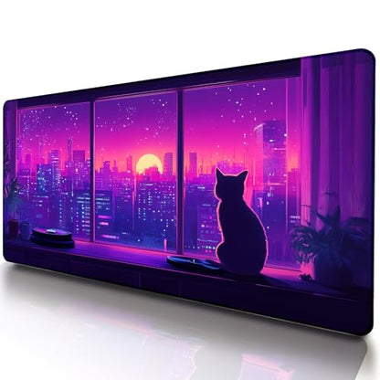 VNDL Large Kawaii Cat Gaming Mouse Pad – Cute Japanese Lofi Anime Desk Mat, Purple XXL Extended Mousepad for Office & Laptop, Waterproof, Non-Slip, Stitched Edges, 31.5 x 15.7 in - color: Purple, Black