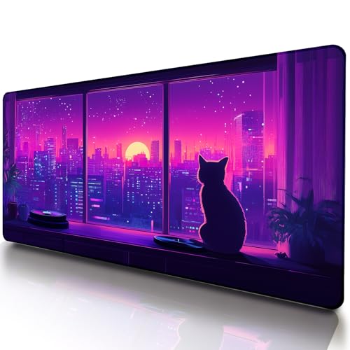 VNDL Large Kawaii Cat Gaming Mouse Pad – Cute Japanese Lofi Anime Desk Mat, Purple XXL Extended Mousepad for Office & Laptop, Waterproof, Non-Slip, Stitched Edges, 31.5 x 15.7 in - color: Purple, Black