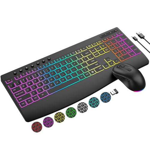 Wireless Keyboard and Mouse Combo, 9 Backlit Effects, 4000mAh Rechargeable Backlit Keyboard with Wrist Rest, 6 Button Mouse, 2.4G Full Size Quiet Keyboard Set for Computer, PC, Laptop, Mac, Windows