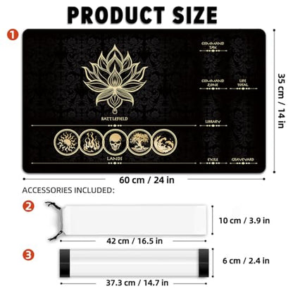 MTG Playmat with Zones – Lotus Sketch Gold 24x14 Card Game Mat for Magic The Gathering, Stitched Edge, Non-Slip Rubber Base with Prismatic Playmat Tube – Lotus Gold Zone - color: Lotus Gold Zone