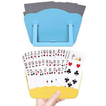 RESOVO Playing Cards Holders Stands Decks w/ Foldable Tabletop Stand, 3 Layers Design for Poker UNO Cards, Playing Card Accessories, Set of 2 (1 Blue + 1 Yellow) - color: 1 Blue + 1 Yellow