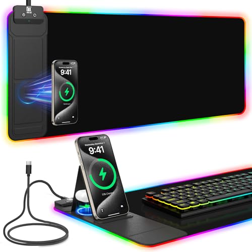 Mouse Pad with Foldable Phone Holder & Wireless Charger, XL RGB Gaming Mousepad 31.5"x11.8" Large Desk Mat for Keyboard, Home Desk Pad with Dual Qi Charging Station | 11 Colors & 5 Modes | Waterproof - color: 31.5x11.81"Phone Stand-Black