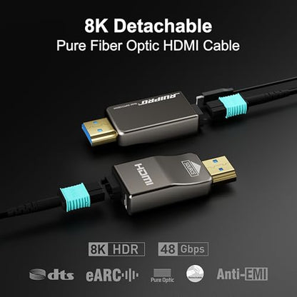 8K Detachable Full Fiber Optic Armored HDMI 2.1 Cable, 48Gbps, 15FT | Full Fiber Optic Design Reduces EMI vs Copper Cables; Replace the Module Without Replacing the Entire In-Wall Cable - size: 15FT
