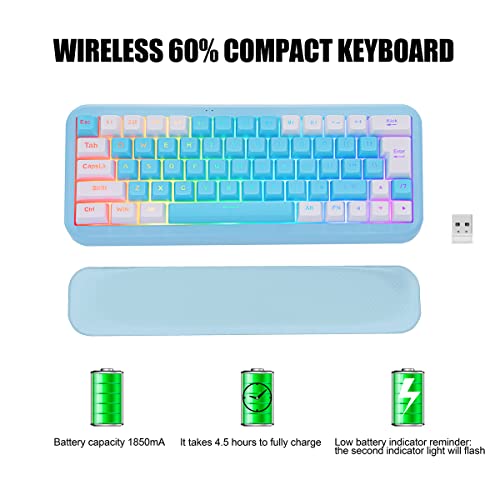 7KEYS 60% 2.4G Wireless Gaming Keyboard with Wrist Rest, Compact 63 Keys Mini RGB Light up Keyboard for PC Mac Laptop, Portable, Rechargeable Quiet for Typing and Gaming (Blue&White)