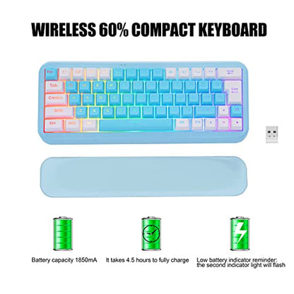7KEYS 60% 2.4G Wireless Gaming Keyboard with Wrist Rest, Compact 63 Keys Mini RGB Light up Keyboard for PC Mac Laptop, Portable, Rechargeable Quiet for Typing and Gaming (Blue&White)