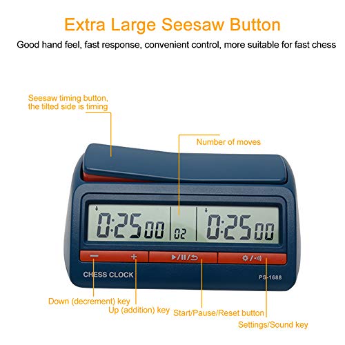 Digital Chess Clock, Tournament Timer for Board Games, Chess Timer with Bonused & Delayed Count Up/Down Alarm for Board Game (Color:Blue)