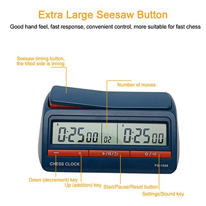 Digital Chess Clock, Tournament Timer for Board Games, Chess Timer with Bonused & Delayed Count Up/Down Alarm for Board Game (Color:Blue)