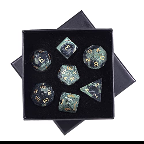 mookaitedecor 7 PCS Kambaba Jasper DND Dice Set for RPG MTG Table Games | Crystal DND Dice, Role Playing Dice, Dungeons and Dragons, Polished Tumbled Stones, Home Decoration - color: Green & Black