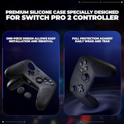 PlayVital Silicone Cover Skin for Nintendo Switch 2 Pro Controller – 3D Studded Edition Anti-Slip Grip Protector Case for Switch 2 Pro with Back Button Cap, Thumb Grips & Sticker - Black - color: Black