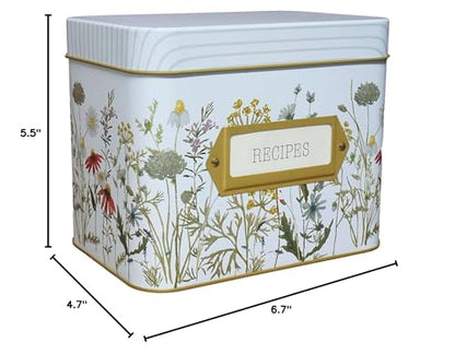 SENSORY4U Tin Recipe Box Holder With Cards - Wildflower Print - Includes 100 4X6 Cards and 12 Dividers - Beautiful Decorative Tin Box Flower Gift
