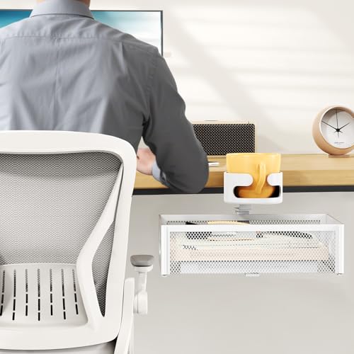 CABTE Desk Cup Holder with Drawer Organizer with 360° Rotation | Anti-Spill Clip-On Table Cup Hook Hidden Storage Box for Office Home Gaming Table (White) - color: White
