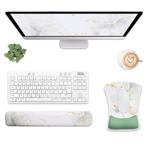 Mouse Pad with Wrist Rest and Keyboard Wrist Rest Set of 3, Gel Ergonomic Support, Non-Slip PU Base, Watercolor Floral Desk Accessories for Women Home Office-HUADO - color: Sage Green Floral