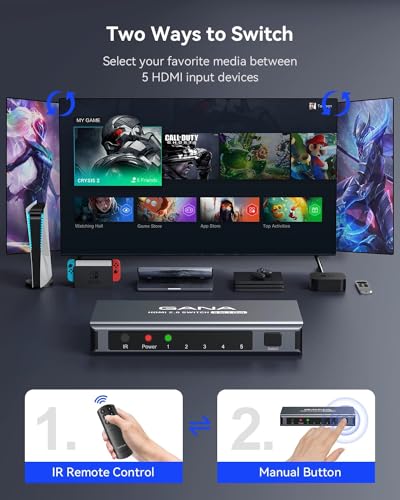 HDMI Switch 5 in 1 Out 4K@60Hz, GANA HDMI Splitter Switcher with Remote, Aluminum HDMI 2.0 Switch Box Hub for 3D, HDCP2.2, HDR, Compatible with Xbox, PS5/4/3,Fire Stick,Roku,Blu-Ray Player, Grey - color: Gray