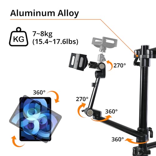 GVM 5-in-1 Movable Live Streaming Floor Stand Kit with Wheels, Overhead Camera Mount with 10" LED Key Light/Mic Boom Arm/Tablet Laptop Phone Stand/Tray for Live Broadcast Podcast Video Recording Game