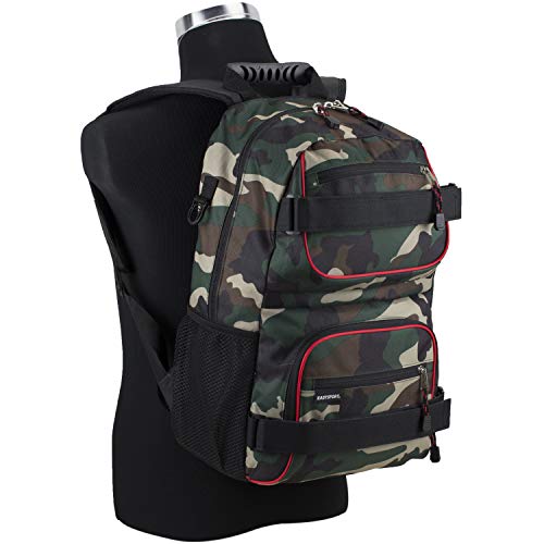 Eastsport Travel Skateboard Backpack Double Strap Laptop Bag Multi-Sport Design for Men and Women, Black Green Camo Red Trim - color: Black/Hunter Green Camo/Poppy Red Trim