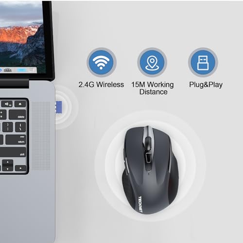 TECKNET Wireless Mouse Rechargeable, 2.4G Computer Mice with USB-A Receiver | 2.4G Connection, 800mAh Battery, 3X Faster Charging, Silent Click, 6-Level 4800 DPI, Ergonomic Design for All-day Comfort - color: Grey