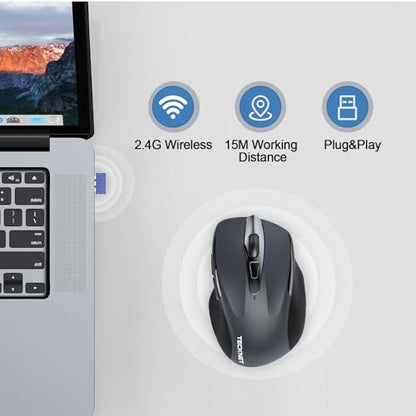TECKNET Wireless Mouse Rechargeable, 2.4G Computer Mice with USB-A Receiver | 2.4G Connection, 800mAh Battery, 3X Faster Charging, Silent Click, 6-Level 4800 DPI, Ergonomic Design for All-day Comfort - color: Grey