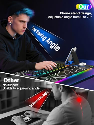 Mouse Pad with Foldable Phone Holder & Wireless Charger, XXL RGB Gaming Mousepad 31.5"x15.8" Large Desk Mat for Keyboard, Black Desk Pad with Dual Qi Charging Station | 11 Colors 5 Modes | Waterproof - color: 31.5x15.75"Phone Stand-Topographic Upgraded