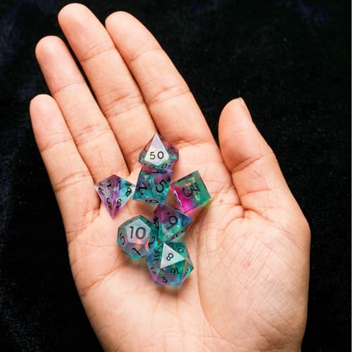 Mini DND Dice Set Tiny Dice 7Pcs Handmade Sharp Edge Accessories Dice for Dungeons and Dragons, Polyhedral Resin Dice - color: Mini--green Pink