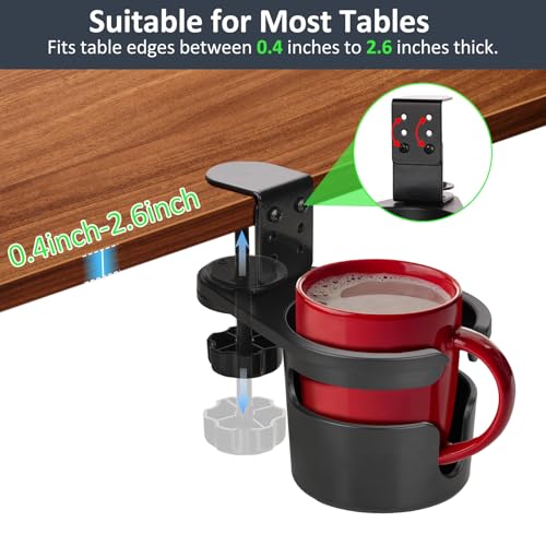 MYITYARD Desk Cup Holder Clamp, Anti-Spill Clip On Table Cup Holder, Rotatable Water Bottle Stand Drink Coffee Mug Storage, Office Accessories for Home and School (Black) - color: Black