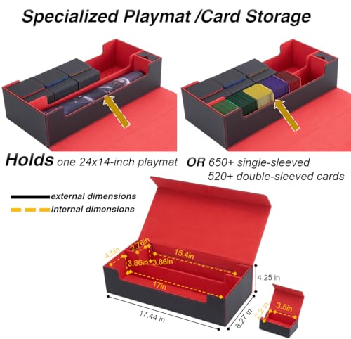 MTG Deck Box Holds 5 Display Card Deck Boxes with Playmat and Dice Box,Includes 10 colorful dividers and 1 card supporter, Trading Card Storage Box For Magic Game Cards (Black and Red) | Holds 5 Deck Boxes (not included)/650 Single/520 Double-Sleeved Card