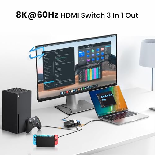 NEWCARE 8K HDMI Switch 3 in 1 Out, HDMI 2.1 Switch with Remote, HDMI Splitter 4K@120Hz Support 8K@60Hz HDCP2.3 HDR10+ VRR ALLM Dolby, HDMI Switcher Compatible with TV PS5/4 Xbox Laptops PC Projector