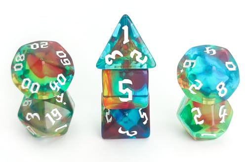 DND 주사위 7개 세트 클리어 그린 혼합 색상 (오로라) | D&D, CoC, RPG, 던전 앤 드래곤, MTG, 롤플레잉 게임 액세서리 - D20 시스템 게임용 아크릴 다면체 주사위 세트 - color: 블루 & 그린 오로라