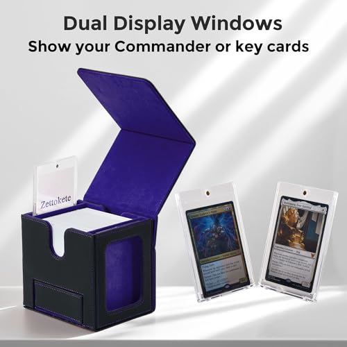 MTG Commander Deck Box with Dual Display Windows and Dice Tray | Fits 100 Double-Sleeved Cards, PU Leather, 2 Magnetic Card Holders, 2 Dividers, Black & Purple - color: 2. Black & Purple
