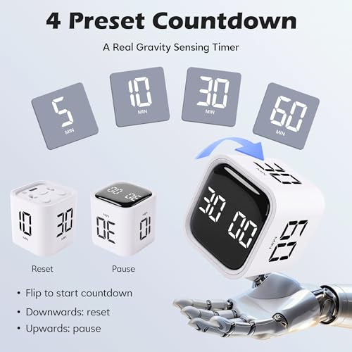Pomodoro Timer Cube, Productivity Visual Timer Flip, 5/10/30/60 Min Preset Custom Countdown, ADHD Tool Rotating Countdown Stopwatch, Vibrate/High/Low Volume, for Study, Work, Game, Kitchen-White - color: White
