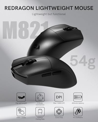 Redragon M821 Wireless Mouse Tri-Mode 54G Lightweight Black Silent Mice | 2.4G/USB C Wired/Bluetooth,PC Gaming Mice for Computer Laptop Mac Windows, Max 128000 DPI, 1K Polling, 6 Programmable Buttons