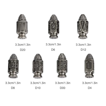 UDIXI Metal DND Dice Set, D&D Solid Polyhedral Bullet Metal Dice Set Nickel | 7PCS, Cool Design, Magazines Container and PU Leather Bag, for Dungeons and Dragons Role Playing Games and Tabletop Games RPG - color: Ancient Silver