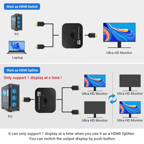8K HDMI Switch Splitter 2 in 1 Out, Bi-Directional Switcher Support 48Gbps 4K@120Hz 8K@60Hz 4K@144Hz for PS5/PS4,HDTV,Xbox,Fire Stick