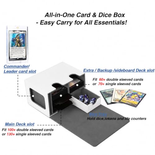 MTG Deck Box for Commander Display with Dice Tray (White＆Grey) | Holds 200 Single/160 Double-Sleeved Cards, Fit MTG/PTCG/OPTCG Cards, Strong Magnet, With 2 Dividers & 1 Magnetic Card Holder - color: White＆Grey