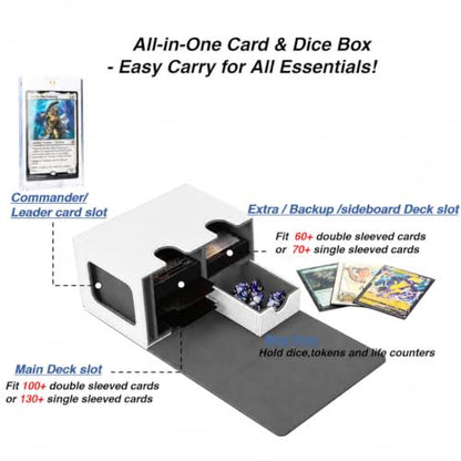 MTG Deck Box for Commander Display with Dice Tray (White＆Grey) | Holds 200 Single/160 Double-Sleeved Cards, Fit MTG/PTCG/OPTCG Cards, Strong Magnet, With 2 Dividers & 1 Magnetic Card Holder - color: White＆Grey