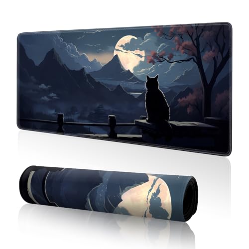 Moon Cat Large Gaming Mouse Pad,Black XL Mouse Pad Gaming 31.5 x 11.8 in Mouse Mat Desk Pad,Large Desk Mat,Extended Keyboard Pad Mousepad with Non-Slip Base and Stitched Edge for Office Home Gaming - color: Moon Cat