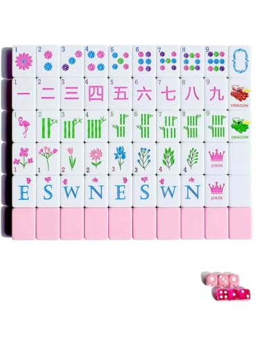 Mahjong Tile Set 160 Acrylic Engraved American Mahjong Game Sets | Pink Blossom Series 1.2” Mah Jongg Tiles with 6 Dice PU Bag Accessories Gifts for Majong Players Beginners - color: Pink Floral