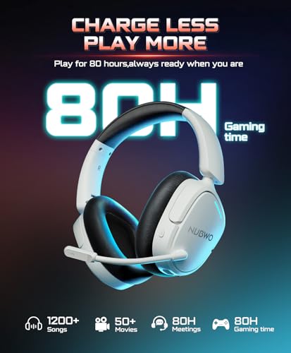 NUBWO 2.4GHz Wireless Gaming Headset for PS5, PS4, PC, Laptop, Mac, 7.1 Surround Sound, Noise Canceling Mic, 20ms Low-Latency, 80Hr Battery, Lightweight & Foldable Bluetooth Gaming Headphones-White - color: White/Black