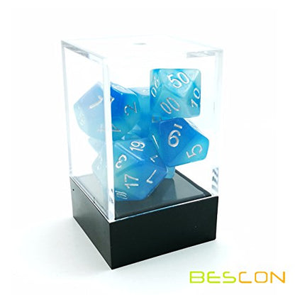 Bescon Gemini Glowing Polyhedral Dice 7pcs Set ICY Rocks, Luminous RPG Dice Set d4 d6 d8 d10 d12 d20 d%, Brick Box Packaging - color: Icy Rocks