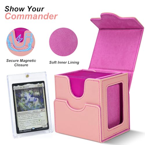 Commander Deck Box for MTG/PTCG/TCG - Patent Pending, Pink | Card Deck Box with Display Fits 100+ Double-Sleeved Cards, Magnetic Trading Card Box with Dice Tray & 35PT Card Holder - color: Pink