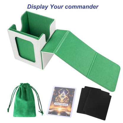 AFIING MTG Deck Box for Commander Display,Card Deck case Fits 100 Double Sleeved Cards, Magic Commander TCG Card Storage Box with 2 Dividers,Dice Bag and 1 Toploader(Whtie Green) - color: Commander White Green