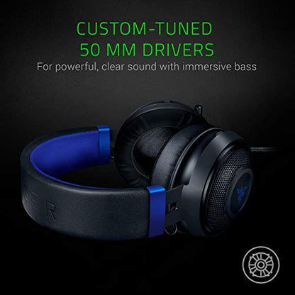 Razer Kraken Gaming Headset: Lightweight Aluminum Frame - Retractable Noise Isolating Microphone - for PC, PS4, PS5, Switch, Xbox One, Xbox Series X & S, Mobile - 3.5 mm Headphone Jack - Black/Blue - color: Black/Blue