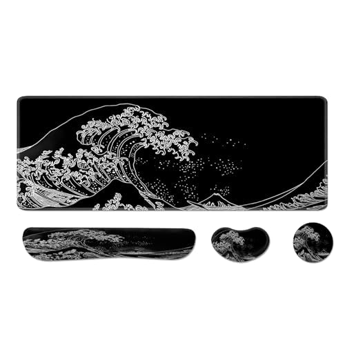 Desk Pad and Keyboard Wrist Rest, Large Mouse Pad + Keyboard Pad+Mouse Wrist Support, Non-Slip Desk Mat Protector for Office, Home 31.5×11.8 Inches Wave - color: Wave