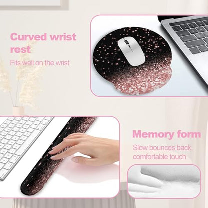 Rose Gold Glitter Mouse Pad with Wrist Rest and Keyboard Wrist Rest Set, Non-Slip Rubber Base Memory Foam Mouse Pad Set for Women, Office Desk Accessories, Gaming - color: Rose Gold Glitter