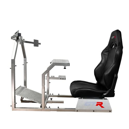 GTR Simulator GTA-F Model Silver Frame Triple | Single Monitor Stand with Majestic Black Adjustable Leatherette Seat Racing Driving Gaming Simulator Cockpit Chair - color: Silver, Black