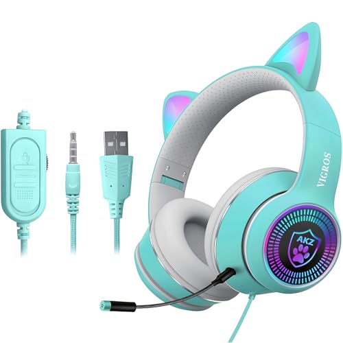 Cat Ear Gaming Headphones Wired AUX 3.5mm with LED Light, VIGROS Flashing Stereo Game Headphones Surround Sound Over-Ear Headsets with Microphone Fit Kids & Adult for PC, PS4, Switch, Mobile, Laptop - color: Light Blue